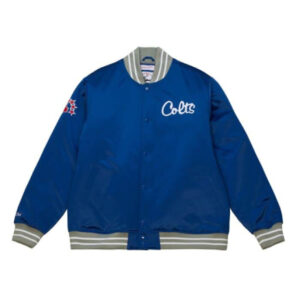 Men's Indianapolis Colts NFL Team Heavyweight Blue Satin Varsity Jacket.