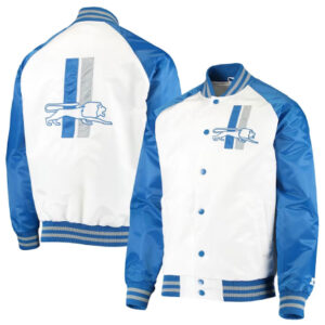 NFL Team Detroit Lions Clean Up Throwback White And Blue Satin Varsity Jacket.